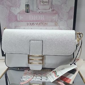 Abbi: White Shoulder Bag with Gold Accents FULL‎ GRAIN LEATHER NEW